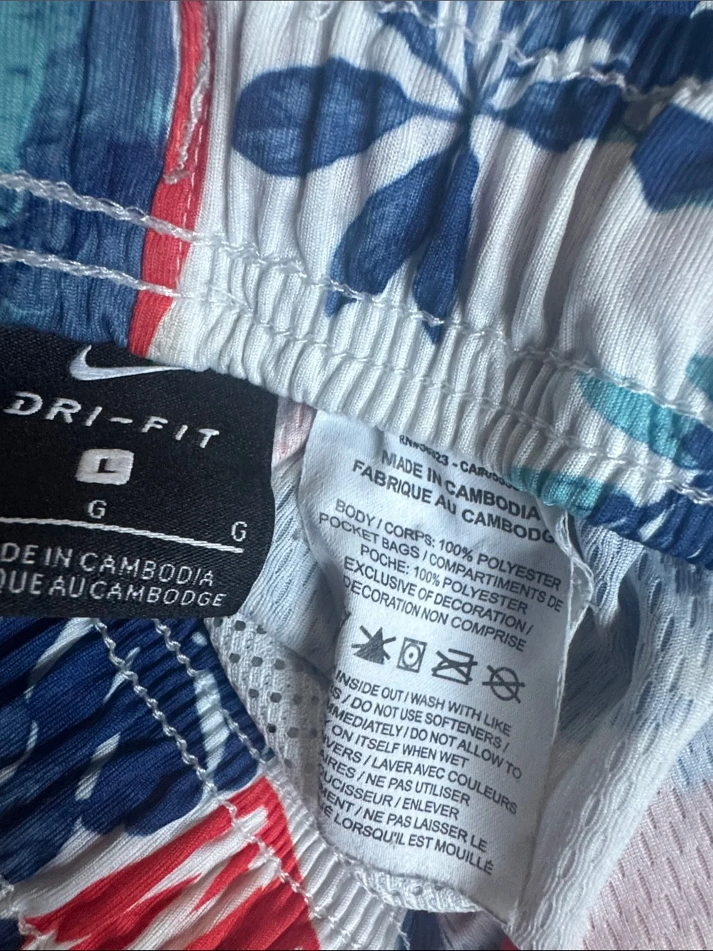 Nike White Athletic Shorts with Blue Tropical Leaves and Red Swoosh Beach Gym
